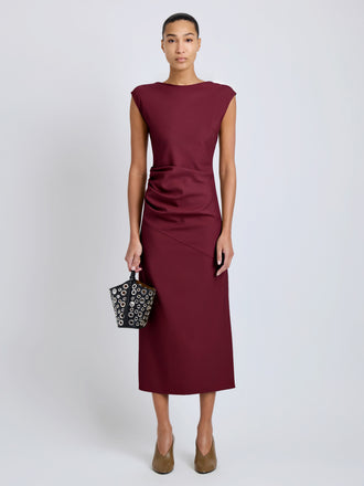 Proenza Schouler Front full length image of model wearing Katia Dress in Wool Gabardine in Oxblood