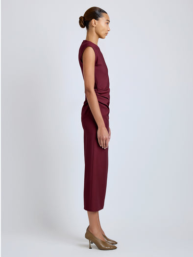 Proenza Schouler Side full length image of model wearing Katia Dress in Wool Gabardine in Oxblood
