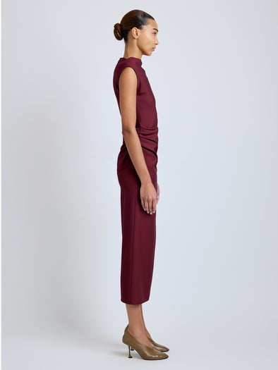 Proenza Schouler Side full length image of model wearing Katia Dress in Wool Gabardine in Oxblood