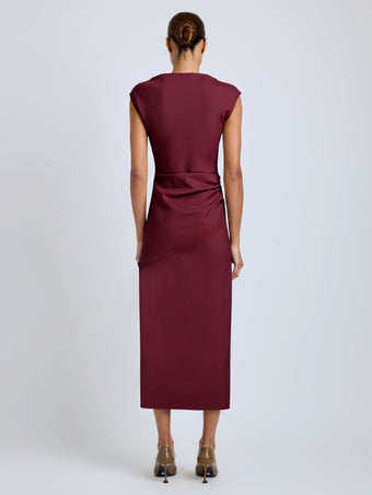Proenza Schouler Back full length image of model wearing Katia Dress in Wool Gabardine in Oxblood