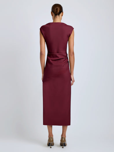 Proenza Schouler Back full length image of model wearing Katia Dress in Wool Gabardine in Oxblood