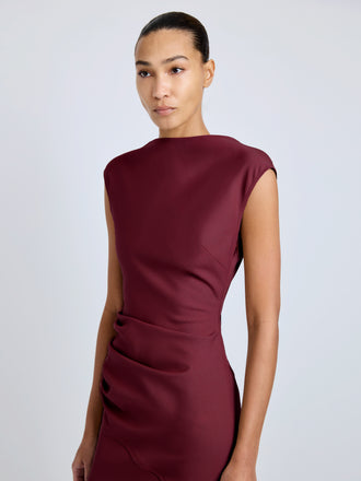 Proenza Schouler Detail image of model wearing Katia Dress in Wool Gabardine in Oxblood
