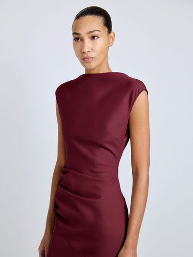 Proenza Schouler Detail image of model wearing Katia Dress in Wool Gabardine in Oxblood