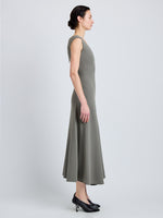 Proenza Schouler Side full length image of model wearing Romana Dress in Matte Double Crepe in Wood