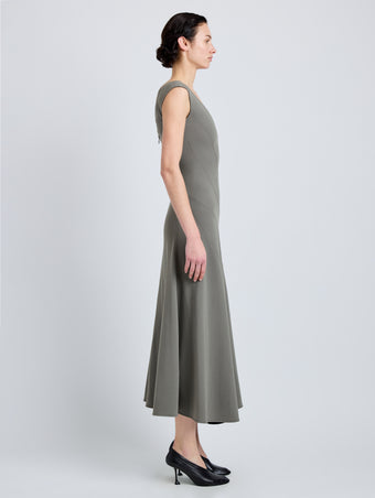 Proenza Schouler Side full length image of model wearing Romana Dress in Matte Double Crepe in Wood