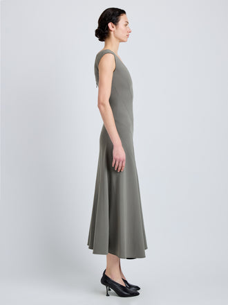 Proenza Schouler Side full length image of model wearing Romana Dress in Matte Double Crepe in Wood