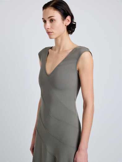 Proenza Schouler Detail image of model wearing Romana Dress in Matte Double Crepe in Wood