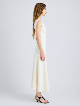 Proenza Schouler Side full length image of model wearing Romana Dress in Matte Double Crepe in Alabaster