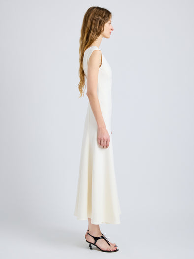 Proenza Schouler Side full length image of model wearing Romana Dress in Matte Double Crepe in Alabaster