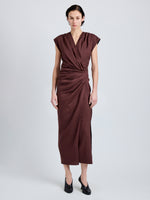 Proenza Schouler Front full length image of model wearing Bettina Dress in Eco Stretch Viscose Linen in Espresso