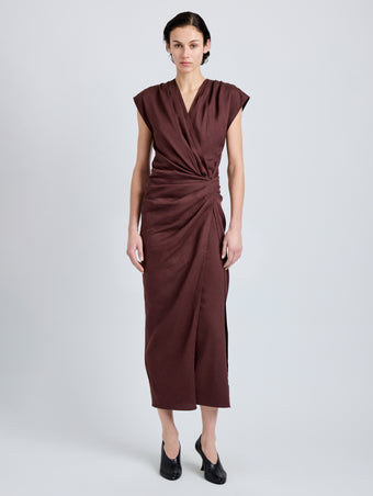 Proenza Schouler Front full length image of model wearing Bettina Dress in Eco Stretch Viscose Linen in Espresso