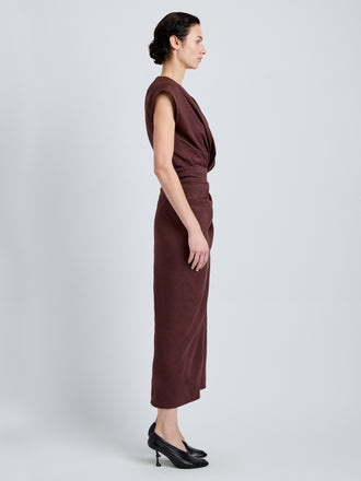Proenza Schouler Side full length image of model wearing Bettina Dress in Eco Stretch Viscose Linen in Espresso