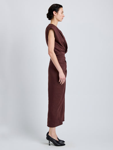 Proenza Schouler Side full length image of model wearing Bettina Dress in Eco Stretch Viscose Linen in Espresso
