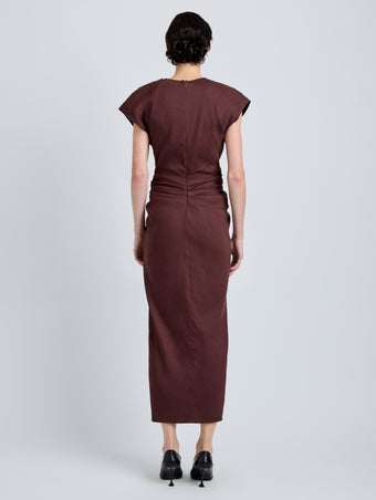 Proenza Schouler Back full length image of model wearing Bettina Dress in Eco Stretch Viscose Linen in Espresso