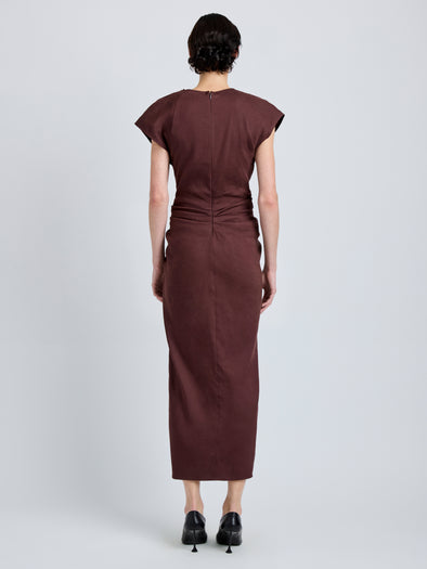 Proenza Schouler Back full length image of model wearing Bettina Dress in Eco Stretch Viscose Linen in Espresso