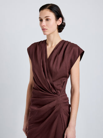 Proenza Schouler Detail image of model wearing Bettina Dress in Eco Stretch Viscose Linen in Espresso