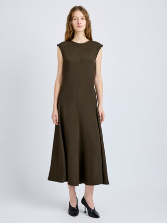 Proenza Schouler Front full length image of model wearing Eduarda Dress in Eco Hammered Viscose in Cypress