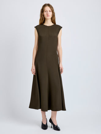 Proenza Schouler Front full length image of model wearing Eduarda Dress in Eco Hammered Viscose in Cypress