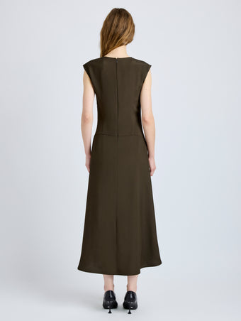 Proenza Schouler Back full length image of model wearing Eduarda Dress in Eco Hammered Viscose in Cypress