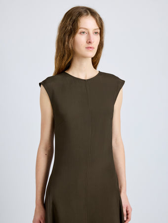 Proenza Schouler Detail image of model wearing Eduarda Dress in Eco Hammered Viscose in Cypress