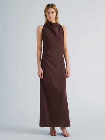 Proenza Schouler Front full length image of model wearing Selena Dress in Matte Double Crepe in Dark Brown