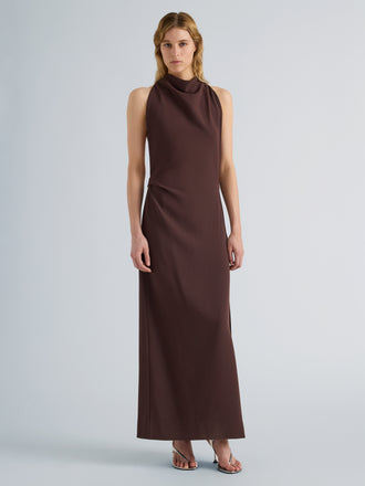 Proenza Schouler Front full length image of model wearing Selena Dress in Matte Double Crepe in Dark Brown