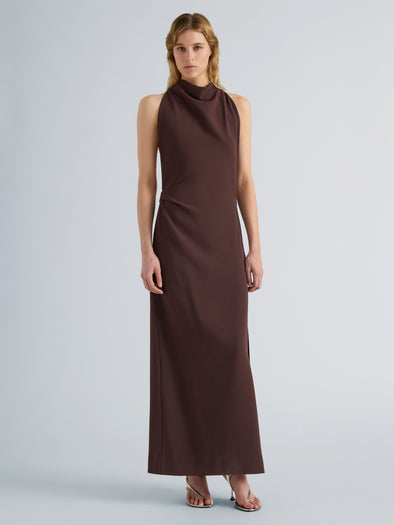 Proenza Schouler Front full length image of model wearing Selena Dress in Matte Double Crepe in Dark Brown