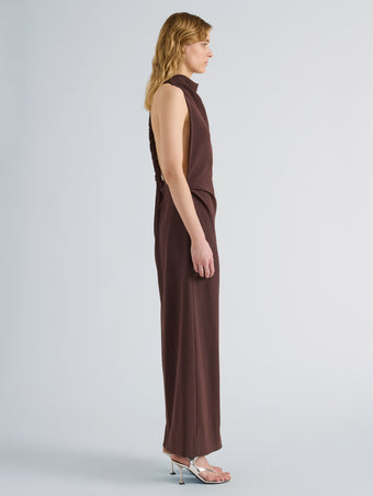 Proenza Schouler Side full length image of model wearing Selena Dress in Matte Double Crepe in Dark Brown