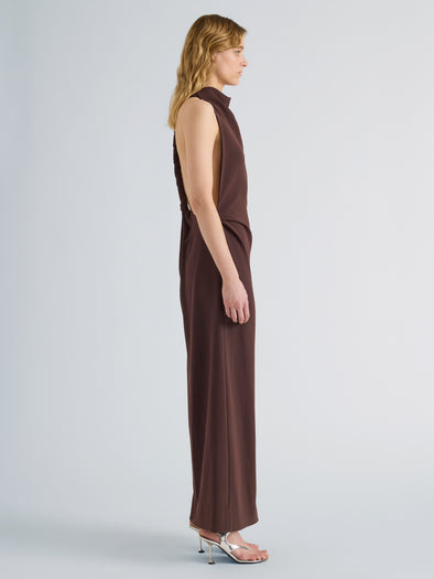 Proenza Schouler Side full length image of model wearing Selena Dress in Matte Double Crepe in Dark Brown