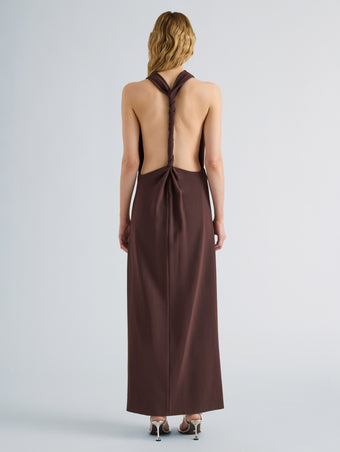 Proenza Schouler Back full length image of model wearing Selena Dress in Matte Double Crepe in Dark Brown