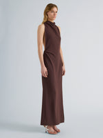 Proenza Schouler Front full length image of model wearing Selena Dress in Matte Double Crepe in Dark Brown