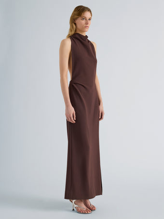 Proenza Schouler Front full length image of model wearing Selena Dress in Matte Double Crepe in Dark Brown