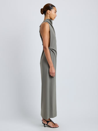Proenza Schouler Side full length image of model wearing Selena Dress in Matte Double Crepe in Wood