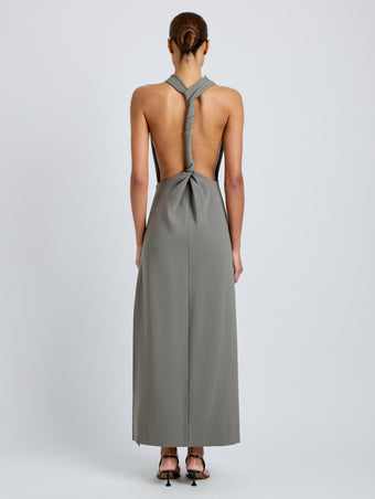 Proenza Schouler Back full length image of model wearing Selena Dress in Matte Double Crepe in Wood