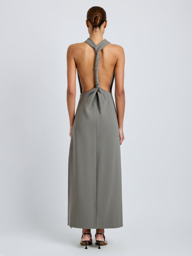 Proenza Schouler Back full length image of model wearing Selena Dress in Matte Double Crepe in Wood