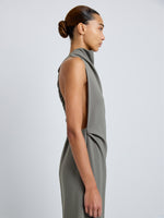 Proenza Schouler Detail image of model wearing Selena Dress in Matte Double Crepe in Wood