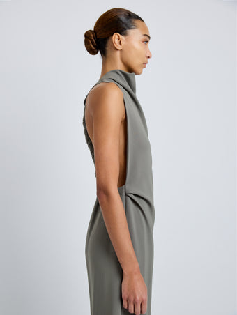 Proenza Schouler Detail image of model wearing Selena Dress in Matte Double Crepe in Wood