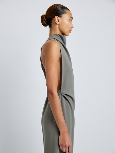 Proenza Schouler Detail image of model wearing Selena Dress in Matte Double Crepe in Wood