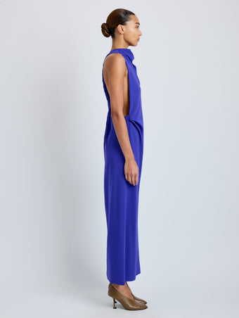 Proenza Schouler Side full length image of model wearing Selena Dress in Matte Double Crepe in Ultramarine