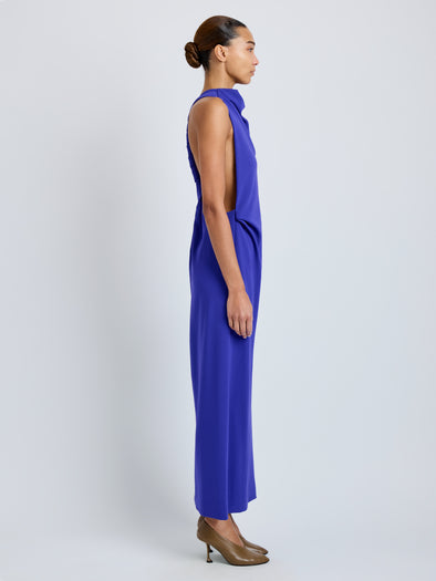 Proenza Schouler Side full length image of model wearing Selena Dress in Matte Double Crepe in Ultramarine