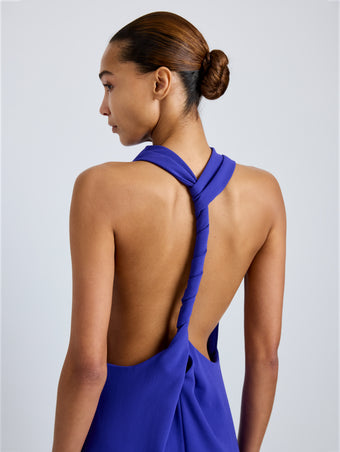 Proenza Schouler Detail image of model wearing Selena Dress in Matte Double Crepe in Ultramarine