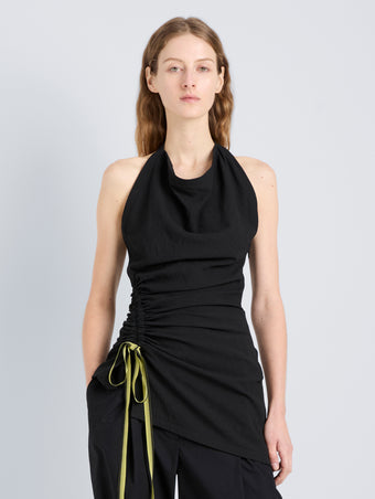 Proenza Schouler Front cropped image of model wearing Melia Top in Crinkle Linen Viscose in Black