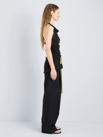 Proenza Schouler Side full length image of model wearing Melia Top in Crinkle Linen Viscose in Black