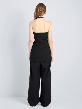 Proenza Schouler Back full length image of model wearing Melia Top in Crinkle Linen Viscose in Black