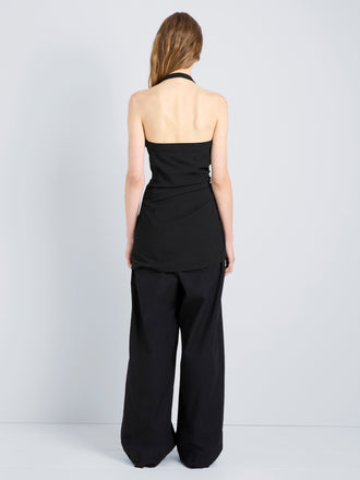 Proenza Schouler Back full length image of model wearing Melia Top in Crinkle Linen Viscose in Black