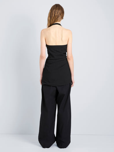 Proenza Schouler Back full length image of model wearing Melia Top in Crinkle Linen Viscose in Black