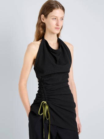 Proenza Schouler Detail image of model wearing Melia Top in Crinkle Linen Viscose in Black