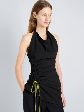 Proenza Schouler Detail image of model wearing Melia Top in Crinkle Linen Viscose in Black