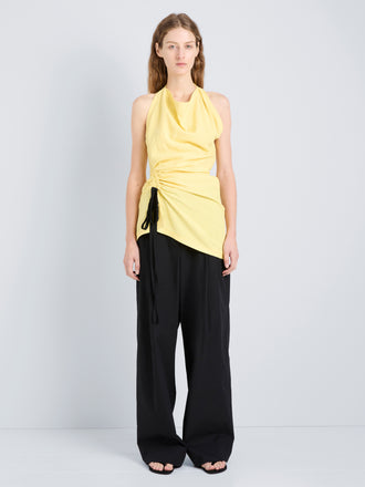 Proenza Schouler Front full length image of model wearing Melia Top in Crinkle Linen Viscose in Yellow