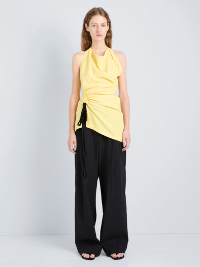 Proenza Schouler Front full length image of model wearing Melia Top in Crinkle Linen Viscose in Yellow